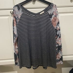 Women’s medium T long sleeve. Navy with gray stripes and pink and grey floral
